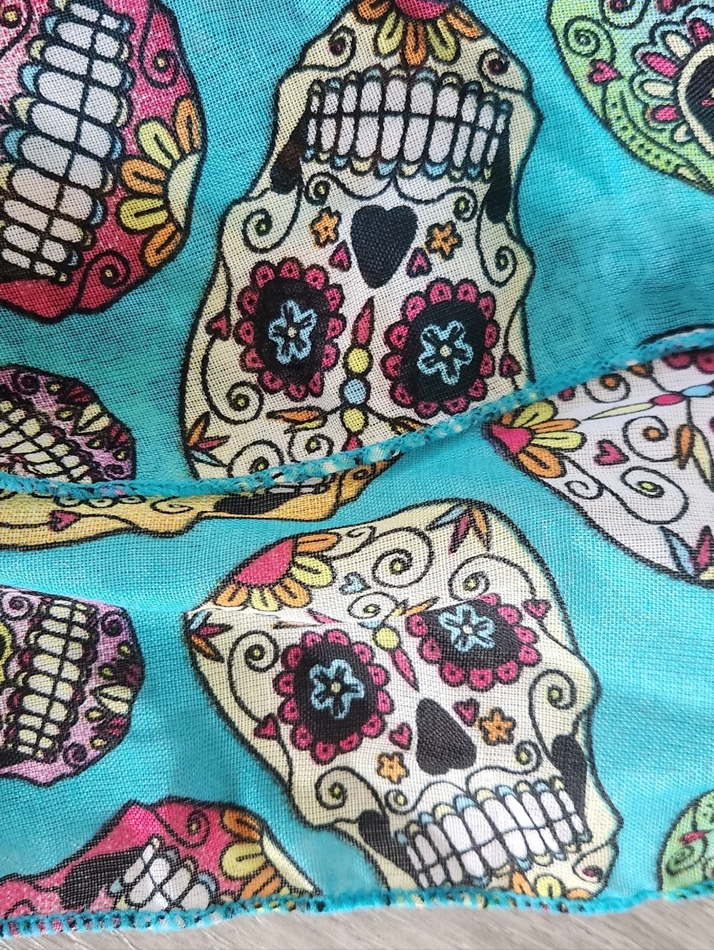 Chic Y2K Skull Print Gauze Scarf Teal & Black